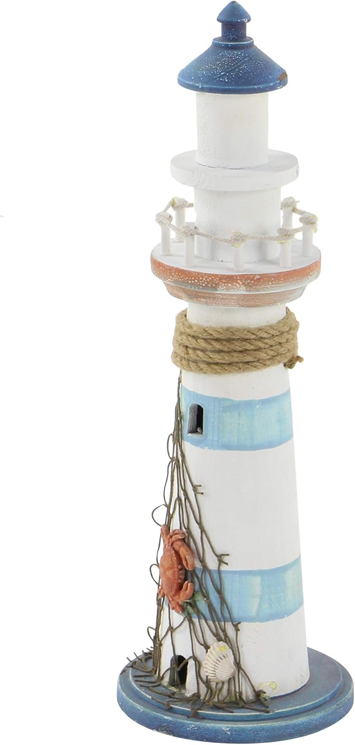 Coastal Wood Light House Sculpture, 6" X 6" X 16"