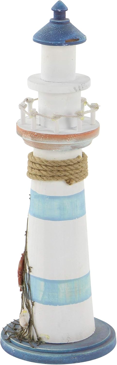 Coastal Wood Light House Sculpture, 6" X 6" X 16"