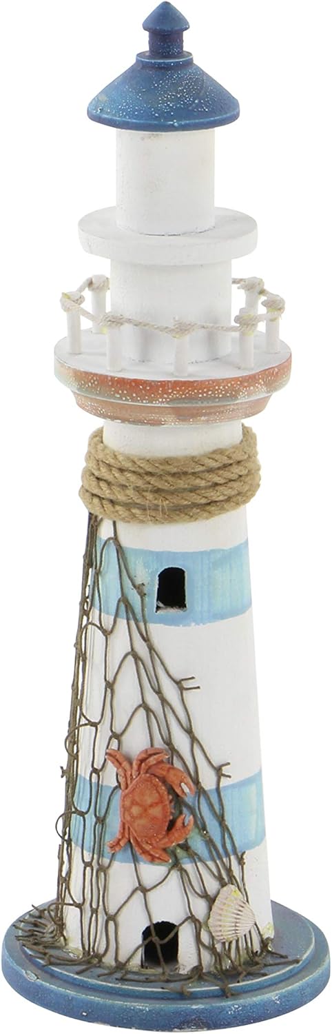 Coastal Wood Light House Sculpture, 6" X 6" X 16"