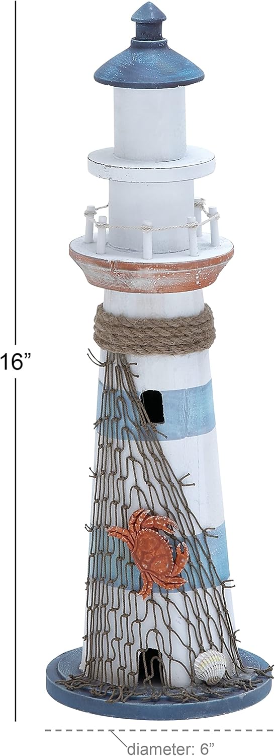 Coastal Wood Light House Sculpture, 6" X 6" X 16"