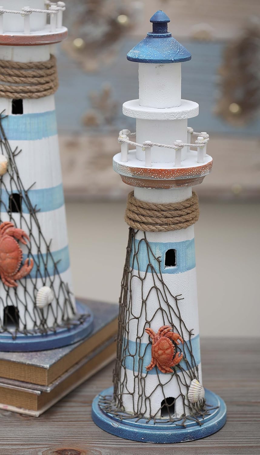 Coastal Wood Light House Sculpture, 6" X 6" X 16"