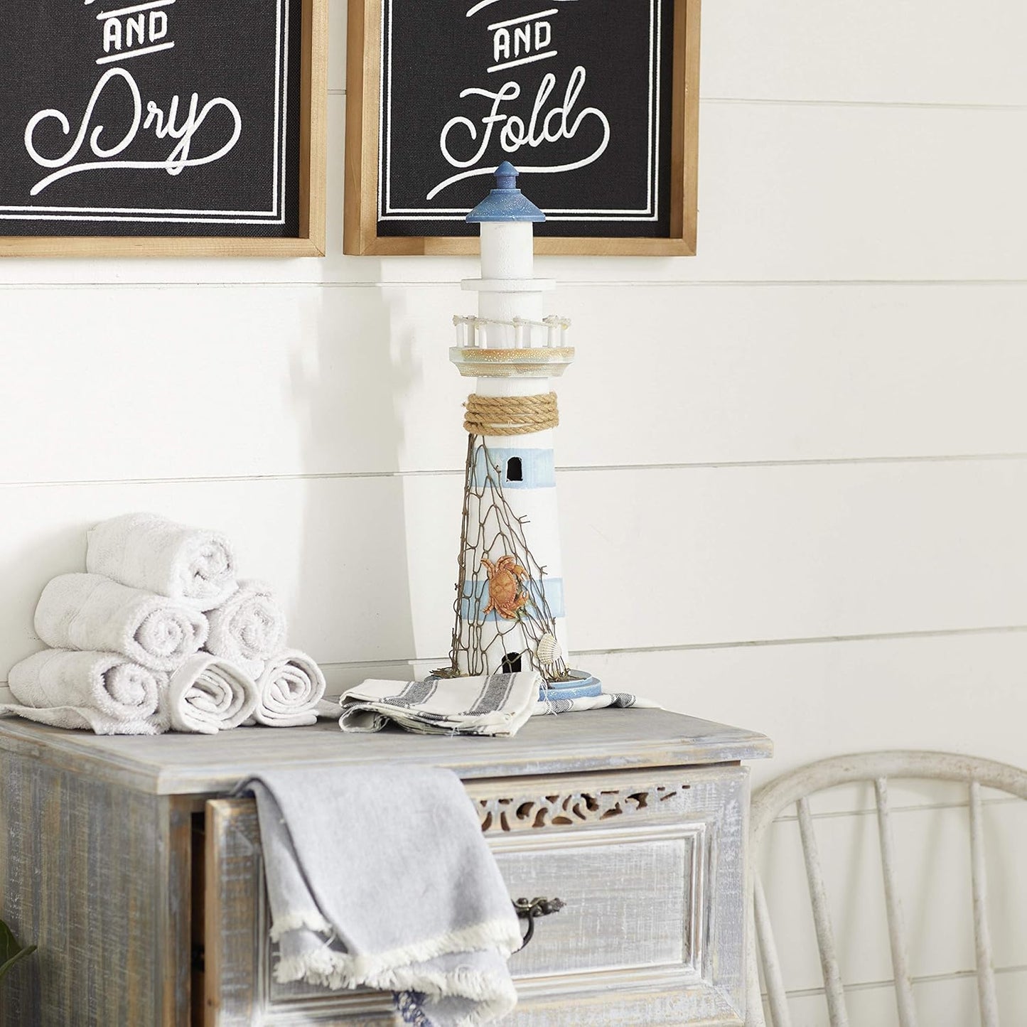 Coastal Wood Light House Sculpture, 6" X 6" X 16"