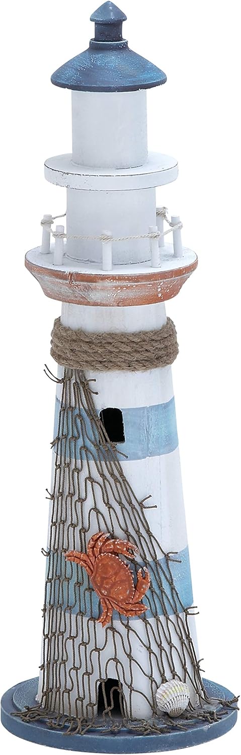 Coastal Wood Light House Sculpture, 6" X 6" X 16"