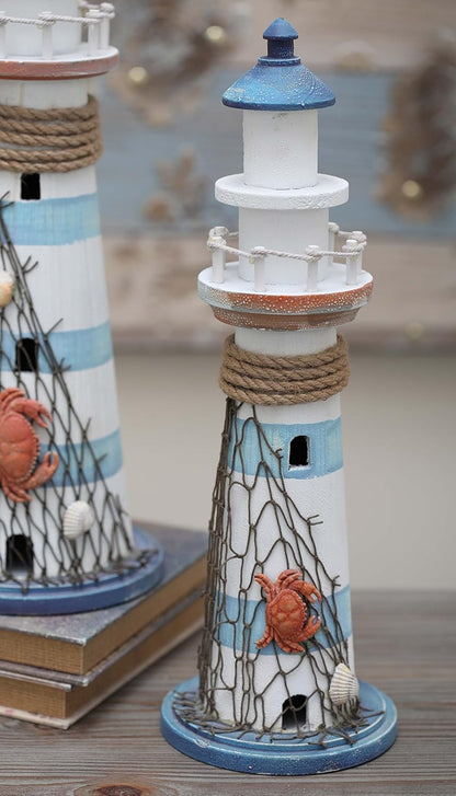 Coastal Wood Light House Sculpture, 6" X 6" X 16"