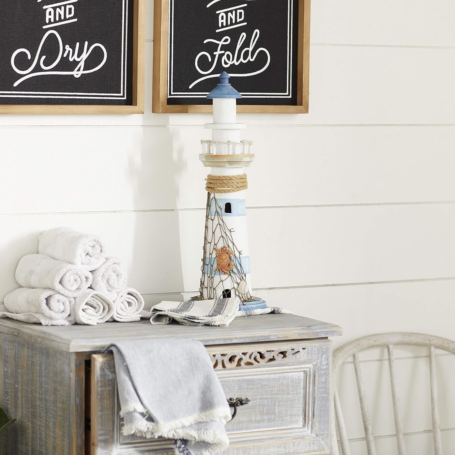 Coastal Wood Light House Sculpture, 6" X 6" X 16"